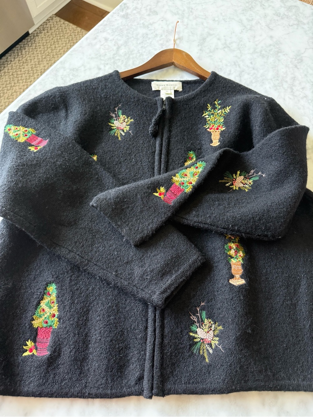 Susan Bristol XL Hand Embroidered Christmas Holiday Zip Cardigan Sweater 2001